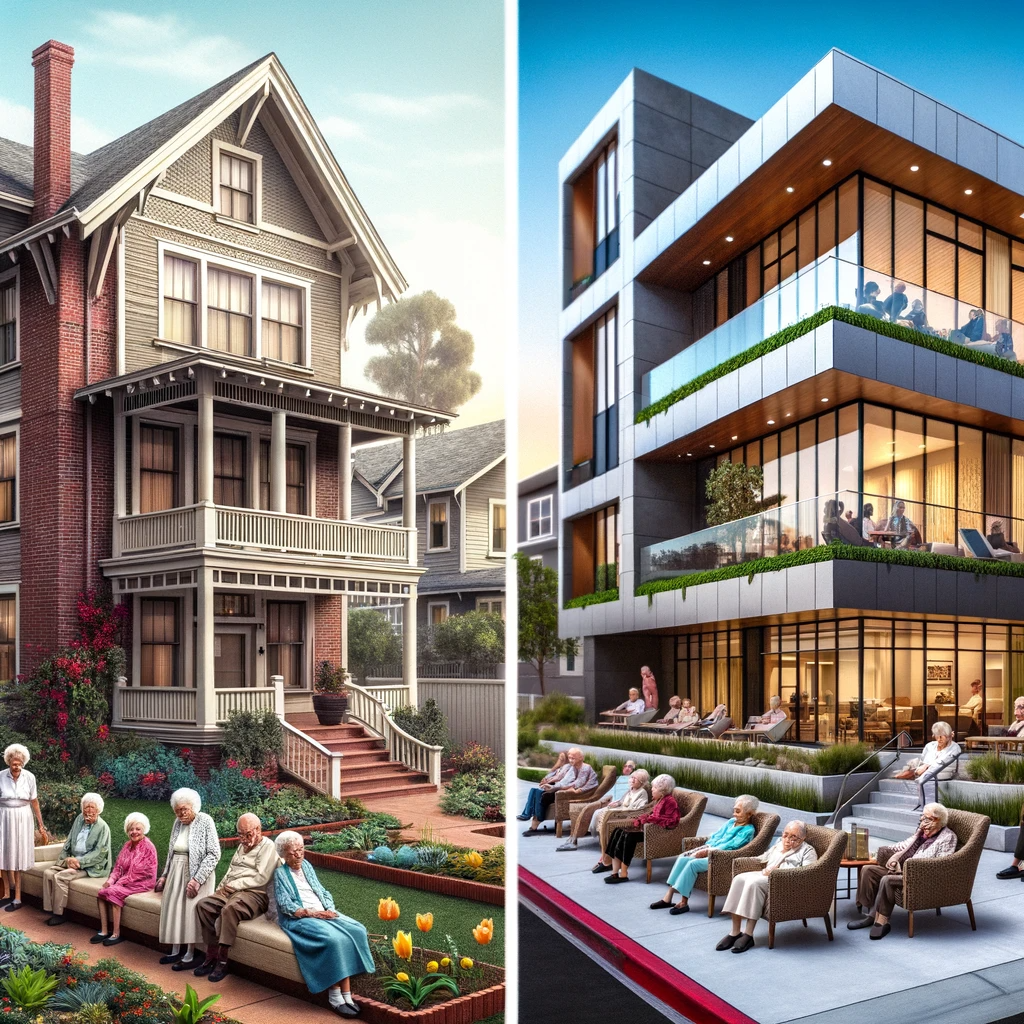 Elderly residents relaxing on the porch of a traditional Victorian-style house in El Cajon.