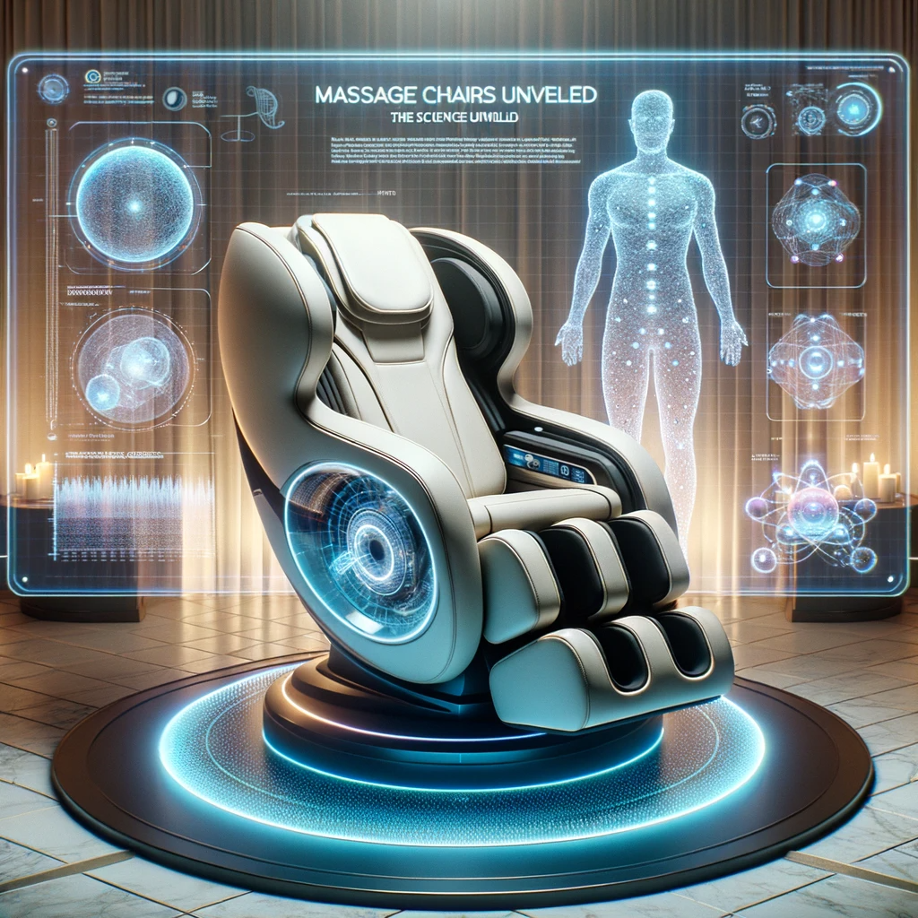 Advanced massage chair with holographic scientific display and 3D cross-section view.