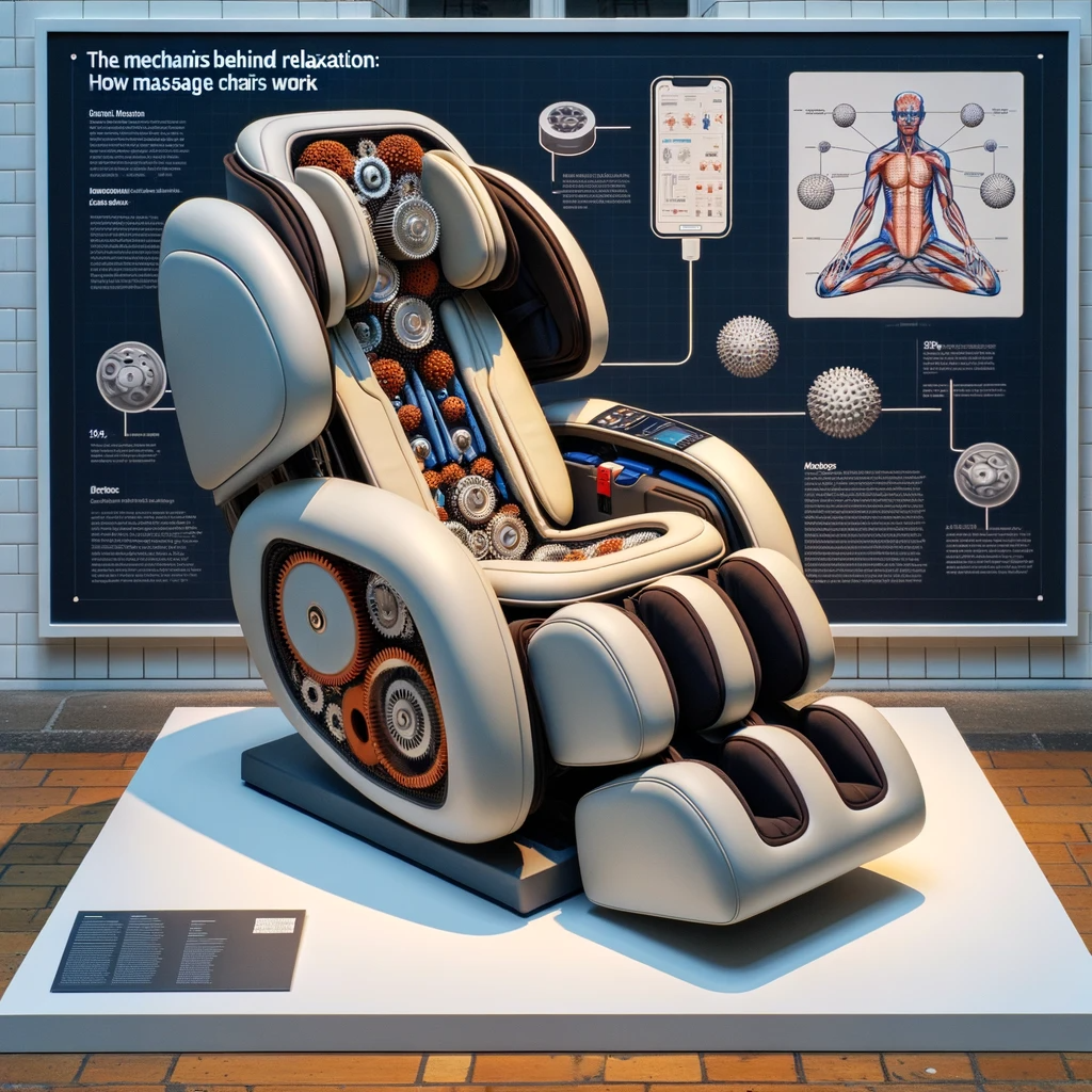 Massage chair with exposed internal mechanisms, showcasing gears, rollers, and airbags, with an infographic on a digital display panel explaining their functions.