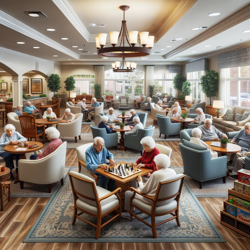 Seniors in a communal area of an El Cajon assisted living residence, engaged in reading, conversing, and playing board games.