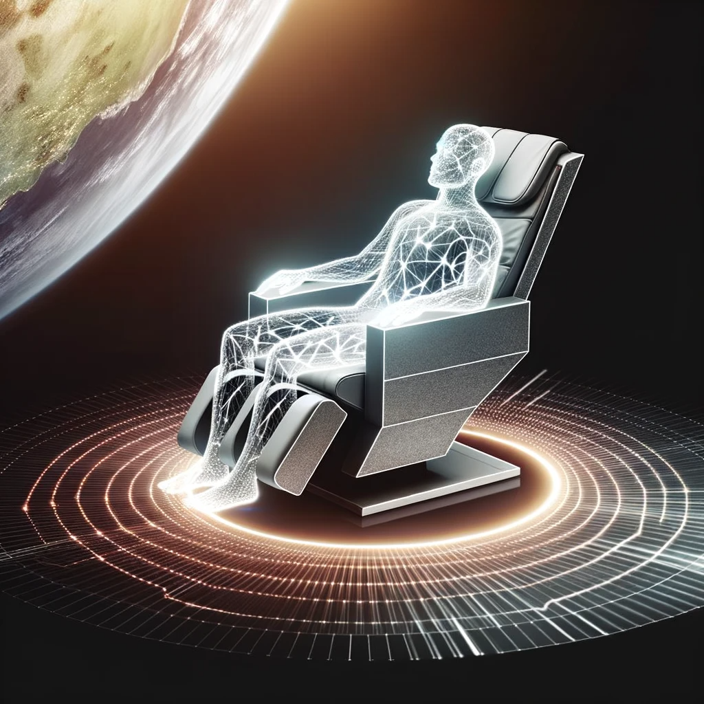 A person comfortably reclined in a modern massage chair in a well-lit room. Glowing lines trace the person's body contours, symbolizing stimulated blood flow.