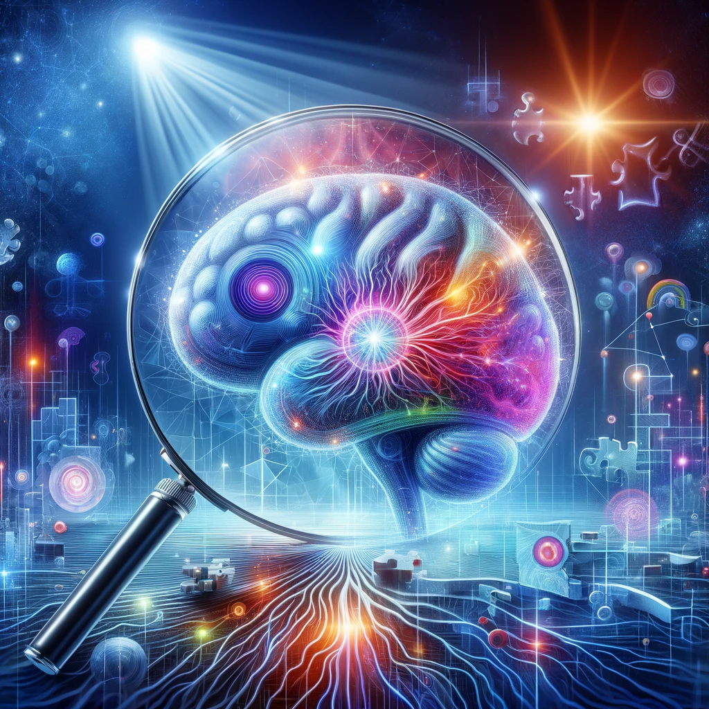 An abstract brain with neural connections in soothing blues and purples, with puzzle pieces and a magnifying glass, representing the exploration of Irlen Syndrome causes.