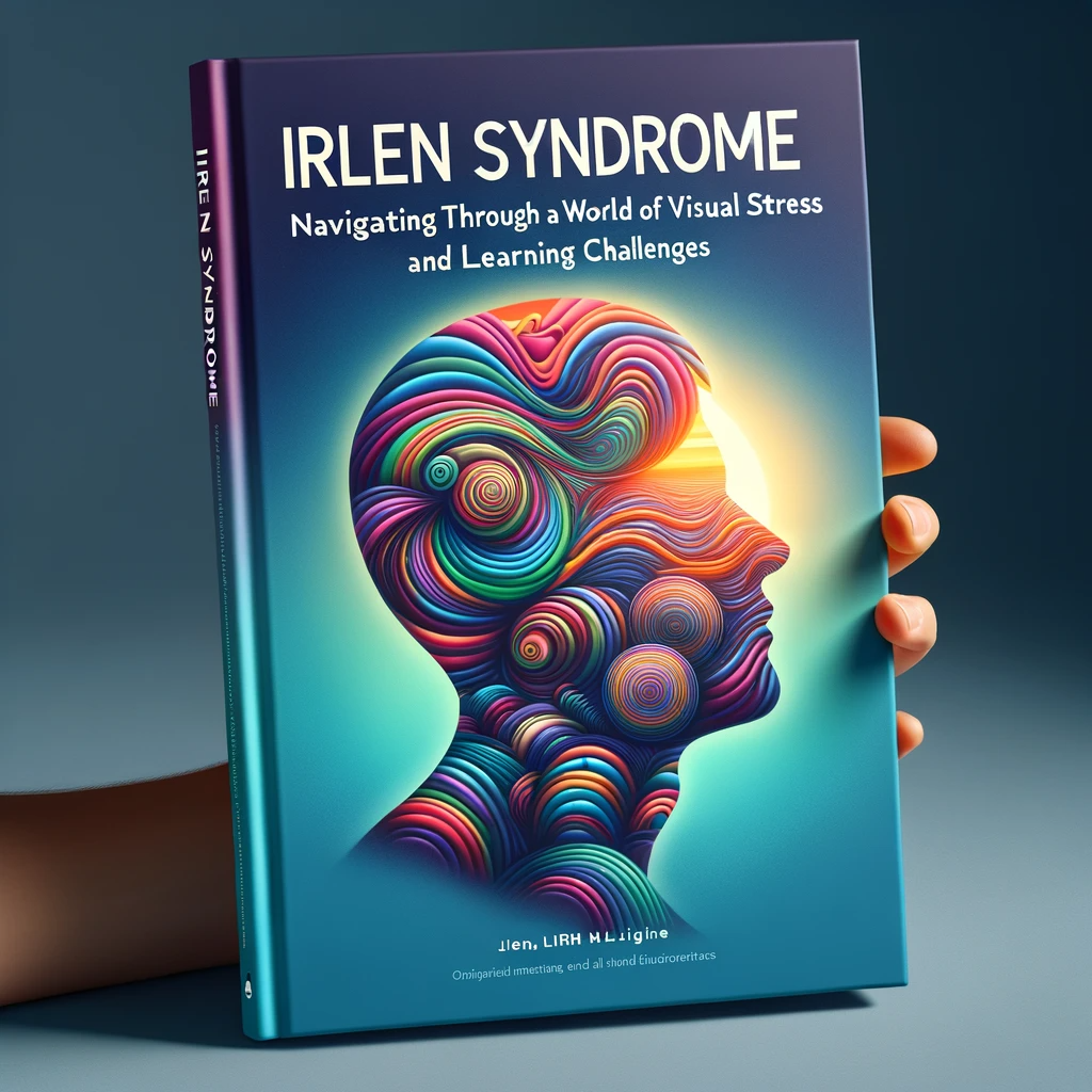 Book cover featuring an abstract illustration of a person's profile with colorful, wavy lines, symbolizing visual stress, titled 'Irlen Syndrome: Navigating Through a World of Visual Stress and Learning Challenges'.